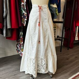 Vintage White Lace Up Skirt with Lace, Crochet, and Ruffle